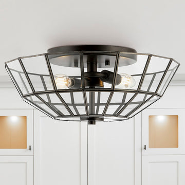 Theo 15.5" Farmhouse Rustic Iron/Glass LED Semi Flush Mount - JONATHAN Y